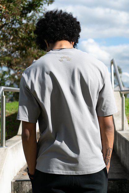 Casual streetwear look featuring a grey boxy tee, logo at back 

